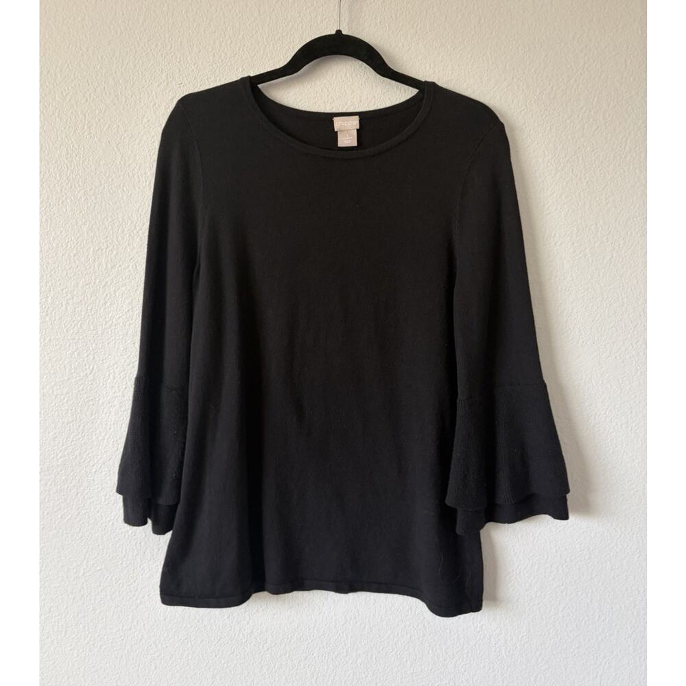Chico's Womens Black Knit Tiered Sleeve Round Neck Minimalist Sweater Size 1 (M)